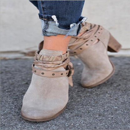 Women's High Heel Martin Boots - Rivet Belt Buckle Design - Fashions Envy