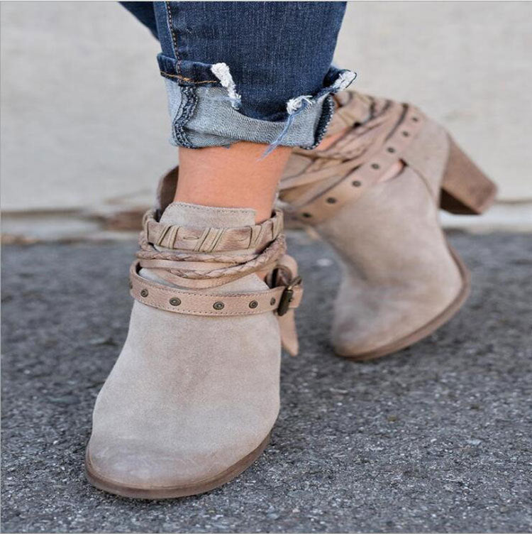 Women's High Heel Martin Boots - Rivet Belt Buckle Design - Fashions Envy