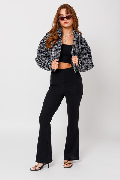 Tweed Cropped Long Sleeve Fitted Chic Puffer Jacket - Fashions Envy