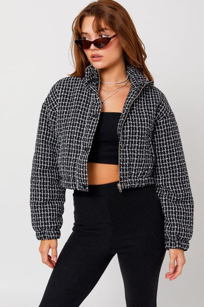 Tweed Cropped Long Sleeve Fitted Chic Puffer Jacket - Fashions Envy