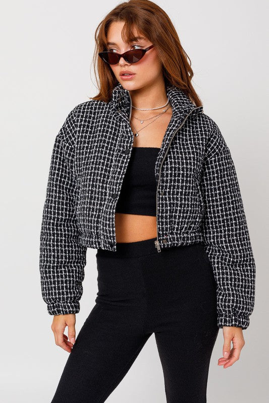 Tweed Cropped Long Sleeve Fitted Chic Puffer Jacket