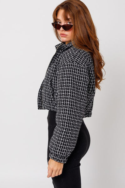 Tweed Cropped Long Sleeve Fitted Chic Puffer Jacket - Fashions Envy