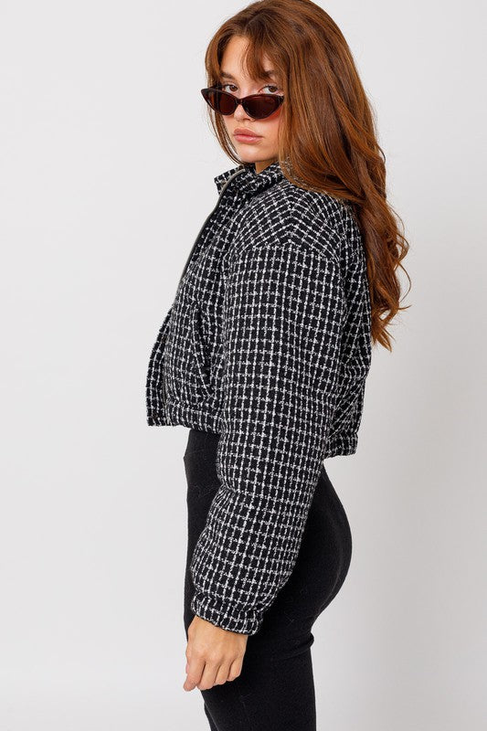 Tweed Cropped Long Sleeve Fitted Chic Puffer Jacket