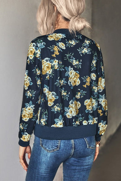 Zipper Up Hip Length Long Sleeve Print Jacket