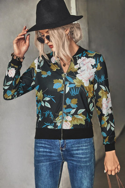 Zipper Up Hip Length Long Sleeve Print Jacket