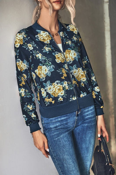 Zipper Up Hip Length Long Sleeve Print Jacket