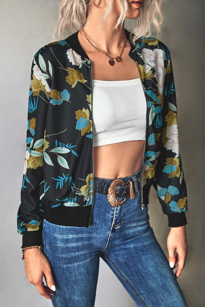 Zipper Up Hip Length Long Sleeve Print Jacket