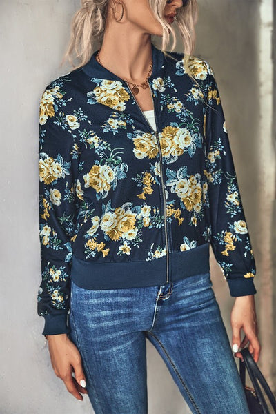 Zipper Up Hip Length Long Sleeve Print Jacket