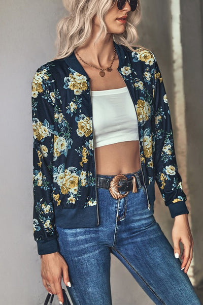 Zipper Up Hip Length Long Sleeve Print Jacket