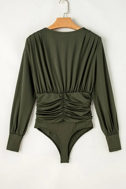 Ruched Surplice Long Sleeve Bodysuit - Fashions Envy