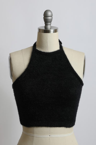 Fuzzy Sweater Halter Cropped Cami Top