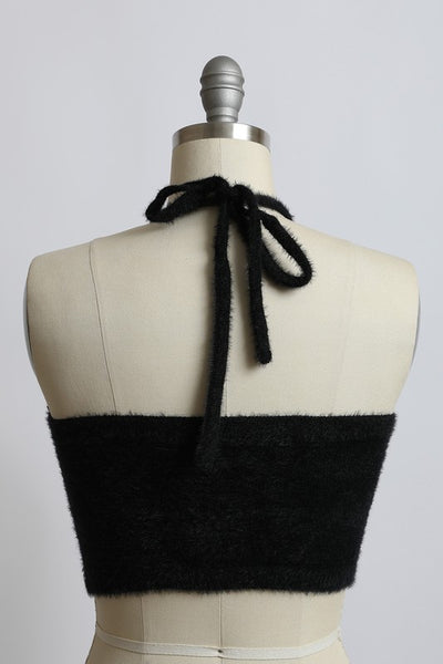 Fuzzy Sweater Halter Cropped Cami Top