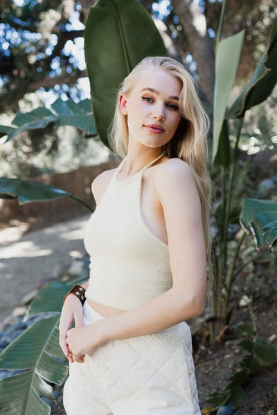 Fuzzy Sweater Halter Cropped Cami Top