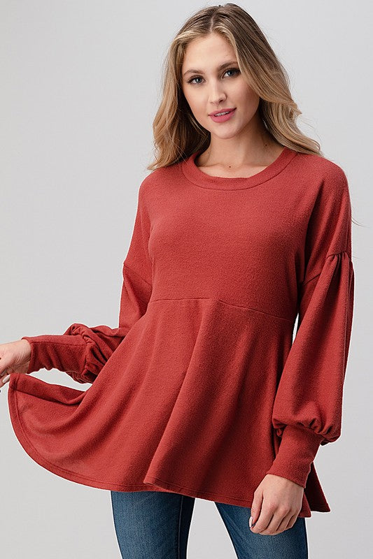 Long Sleeve Round Neck Soft Knit Babydoll Top