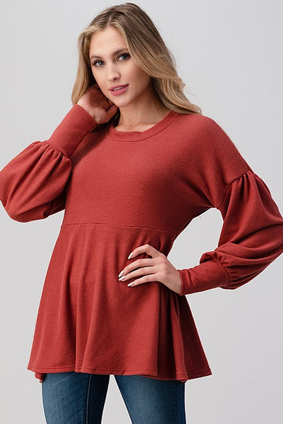 Long Sleeve Round Neck Soft Knit Babydoll Top