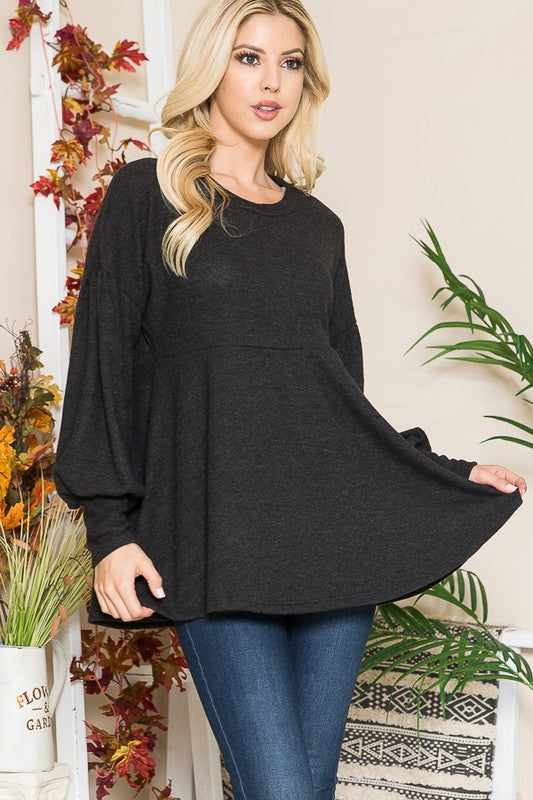 Long Sleeve Round Neck Soft Knit Babydoll Top