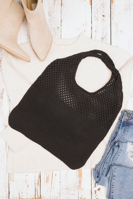 Woven Detail Soft Solid Knit Hobo Bag
