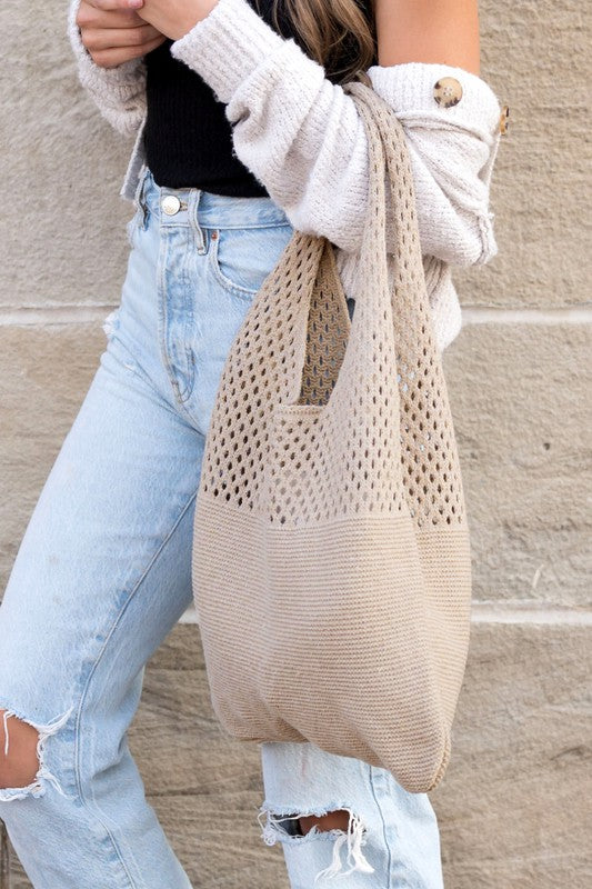 Woven Detail Soft Solid Knit Hobo Bag