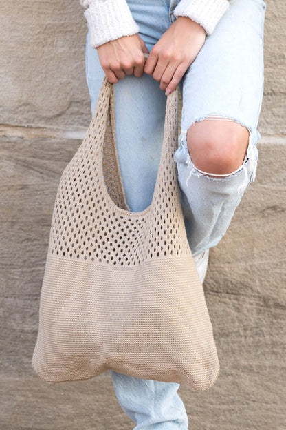 Woven Detail Soft Solid Knit Hobo Bag