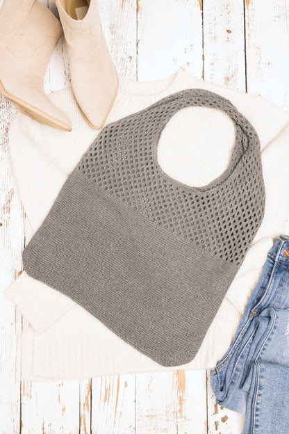 Woven Detail Soft Solid Knit Hobo Bag