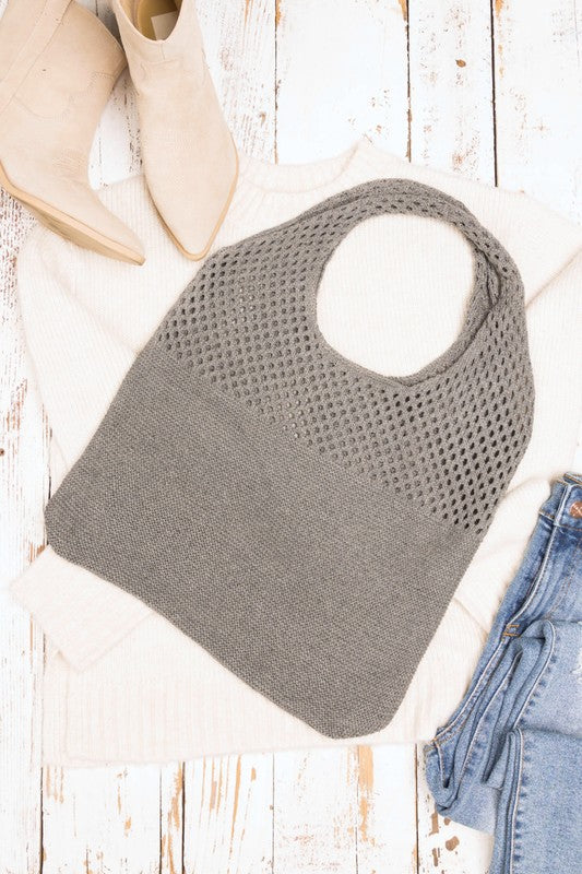 Woven Detail Soft Solid Knit Hobo Bag