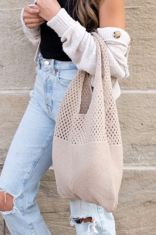 Woven Detail Soft Solid Knit Hobo Bag