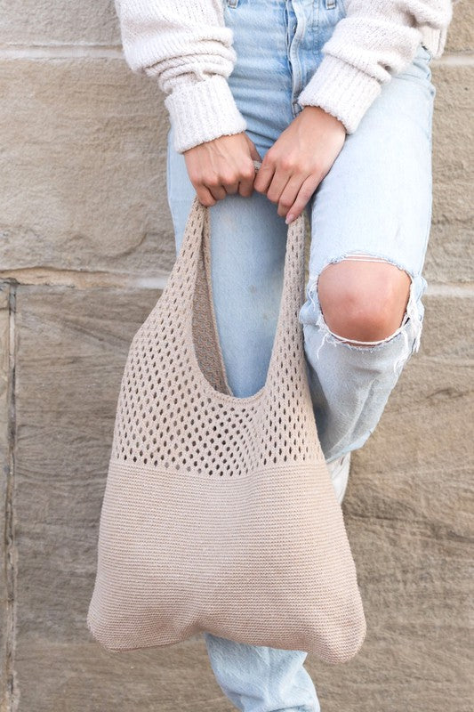 Woven Detail Soft Solid Knit Hobo Bag