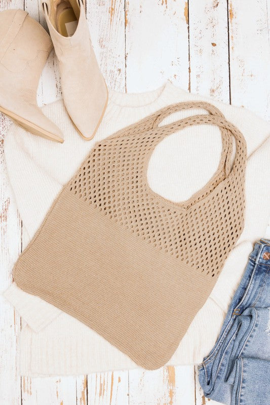 Woven Detail Soft Solid Knit Hobo Bag