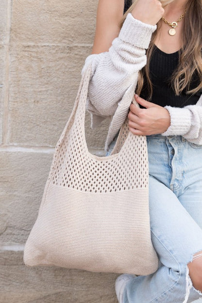 Woven Detail Soft Solid Knit Hobo Bag