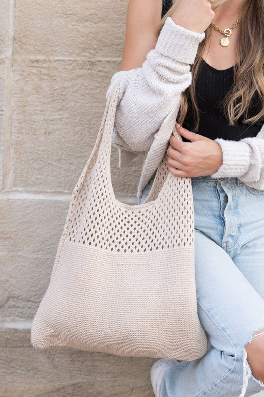 Woven Detail Soft Solid Knit Hobo Bag