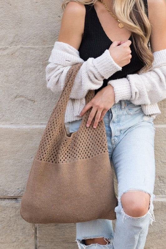 Woven Detail Soft Solid Knit Hobo Bag