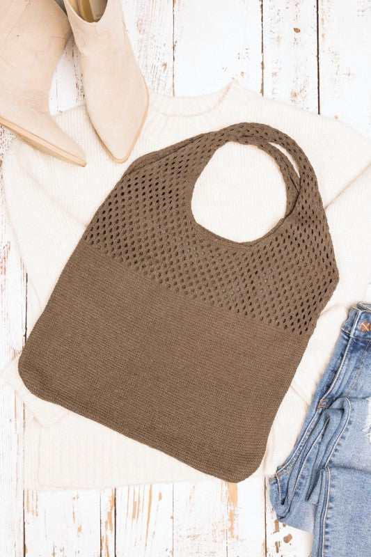 Woven Detail Soft Solid Knit Hobo Bag