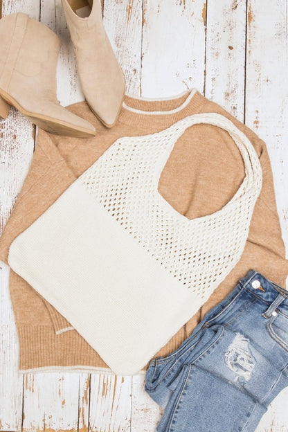 Woven Detail Soft Solid Knit Hobo Bag