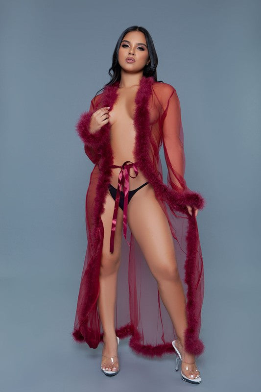 Full-length Faux Fur Trim Marabou Robe