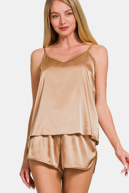 Brush V-Neck Satin Cami and Elastic Waist Shorts Lounge Set