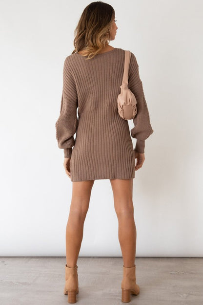 Khaki Sexy V-Neckline Long Sleeve Sweater Mini Dress