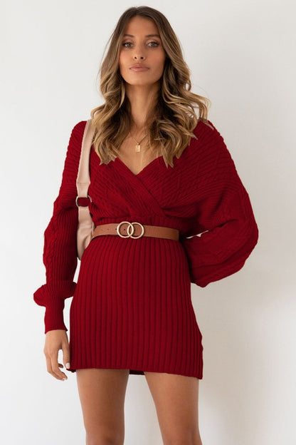 Burgundy Sexy V-Neckline Long Sleeve Sweater Mini Dress