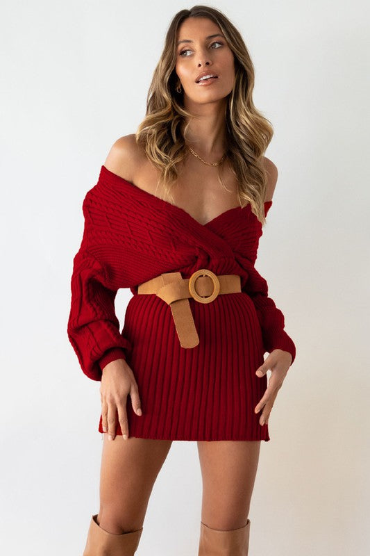 Burgundy Sexy V-Neckline Long Sleeve Sweater Mini Dress