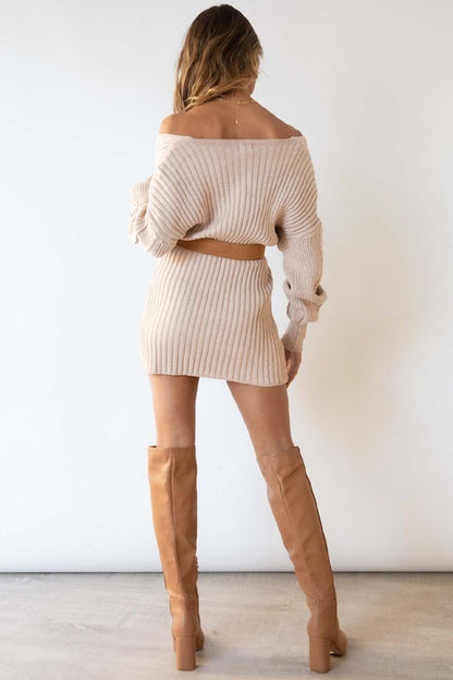 Cream Sexy V-Neckline Long Sleeve Sweater Mini Dress