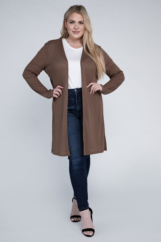 Plus Open Front Side Slit Everyday Long Cardigan