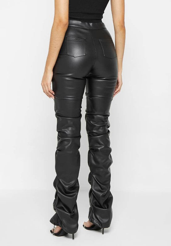 Black Multi Wrinkle Bottom Slit PU Leather Pants