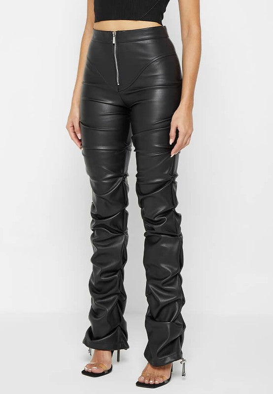 Black Multi Wrinkle Bottom Slit PU Leather Pants