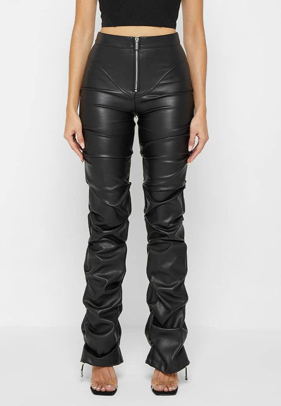 Black Multi Wrinkle Bottom Slit PU Leather Pants