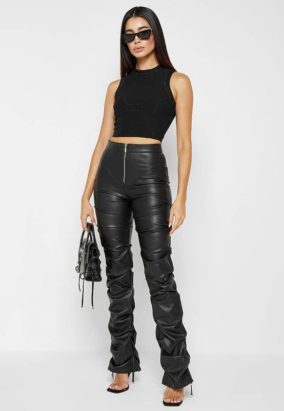 Black Multi Wrinkle Bottom Slit PU Leather Pants