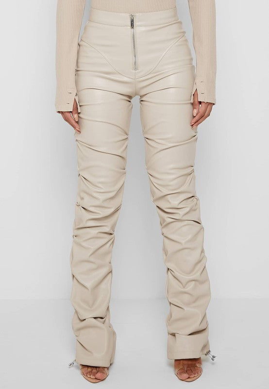 Cream Multi Wrinkle Bottom Slit PU Leather Pants