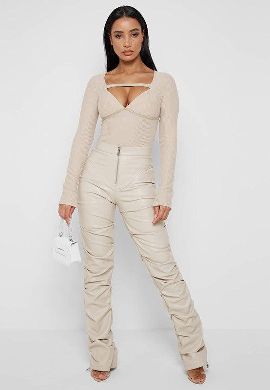 Cream Multi Wrinkle Bottom Slit PU Leather Pants