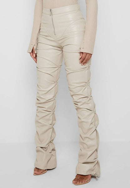 Cream Multi Wrinkle Bottom Slit PU Leather Pants