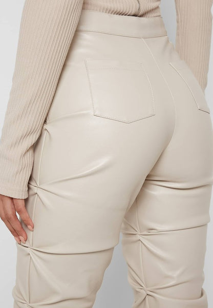 Cream Multi Wrinkle Bottom Slit PU Leather Pants