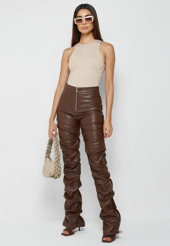 Brown Multi Wrinkle Bottom Slit PU Leather Pants