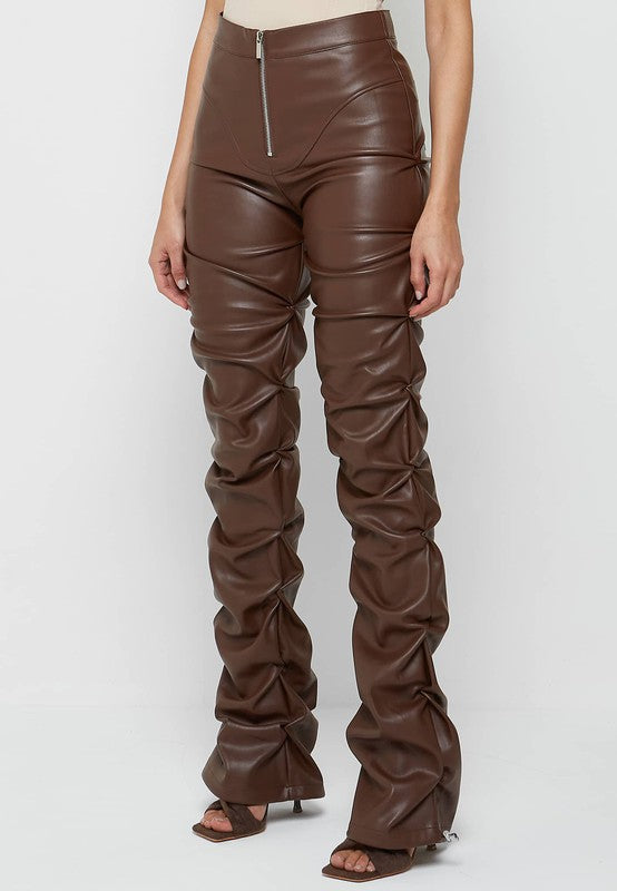 Brown Multi Wrinkle Bottom Slit PU Leather Pants